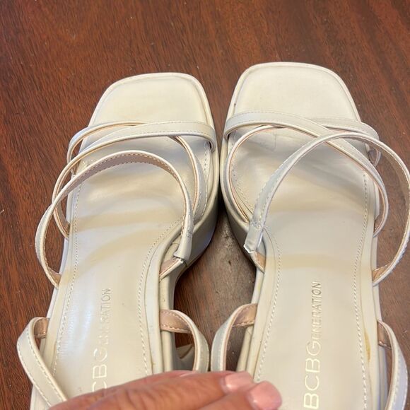 BCBGeneration sand strappy ankle wrap block heel open toed sandals Size 6 NWOT - Picture 6 of 10
